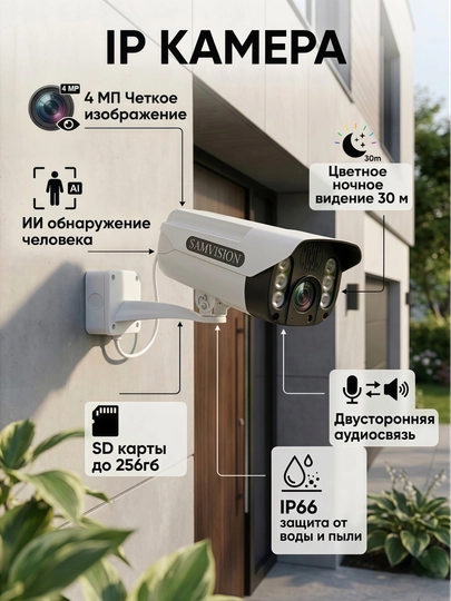 Камера видеонаблюдения SAMVISION 4MP наружная камера, цветная ночная съемка, IP камера
