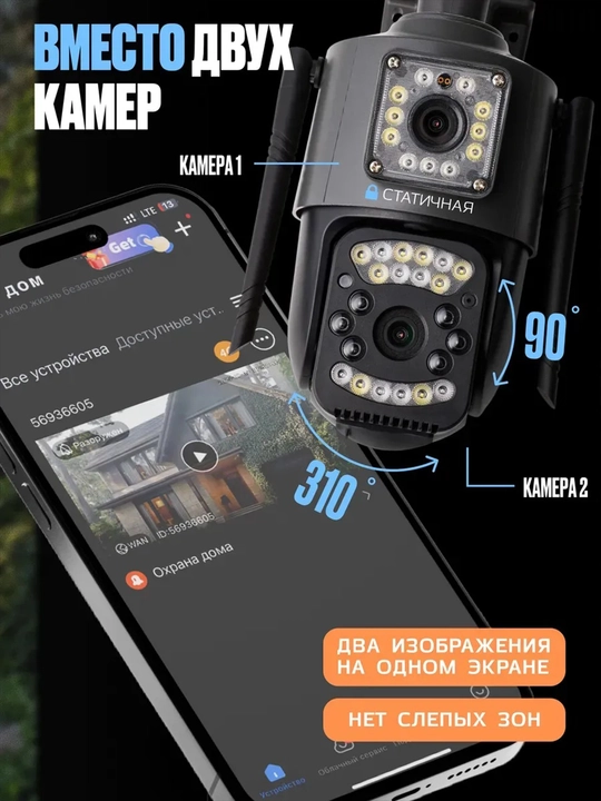 Умная 4K видеокамера уличная 4G , сим карта, Wi-Fi с двойным объективом, 4K, 10X