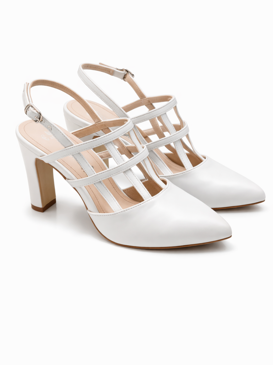 Женские белые туфли на каблуке с закрытым носком и ремешками (strappy heels)