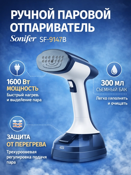 Otparivatel, bugʻli dazmol, Sonifer SF-9147B, 1600W, qo‘l uchun, 300 ml - 