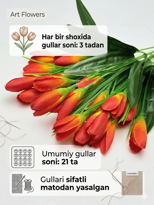 Sun’iy gullar, bezak va interyer uchun lolalar, xonalar va ofislarni bezash uchun