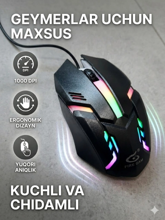 Simli kompyuter sichqonchasi USB, 1000 DPI, ergonomik dizayn, noutbuk va PK uchun - 