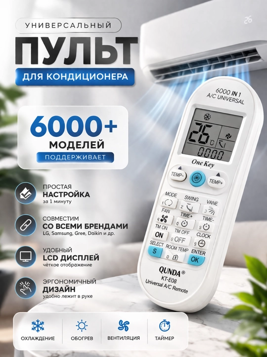Пульт для всех кондиционеров QUNDA KT-E08 — быстрая настройка, 6000 кодов