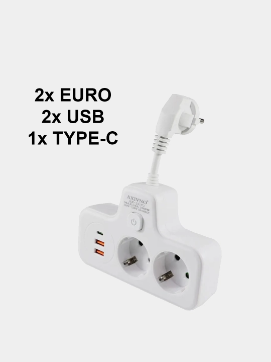 Двойник сетевой фильтр разветвитель, Axivno 220-250в, 10А, 2USB, 1Type-c, 15см - 