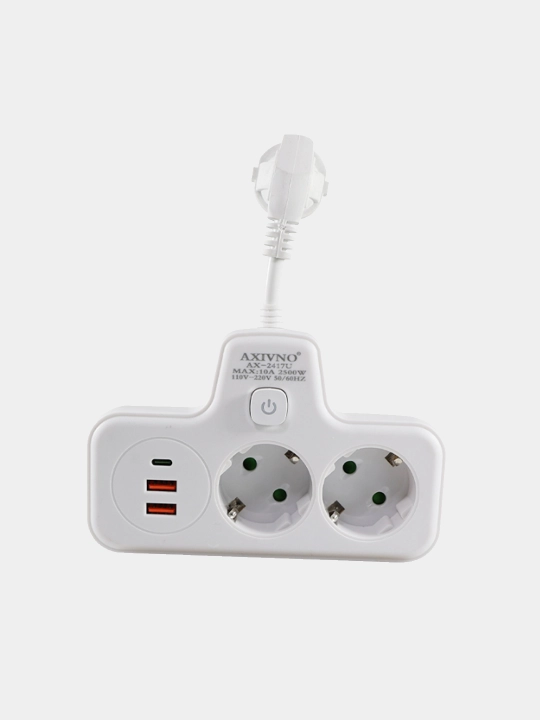Двойник сетевой фильтр разветвитель, Axivno 220-250в, 10А, 2USB, 1Type-c, 15см