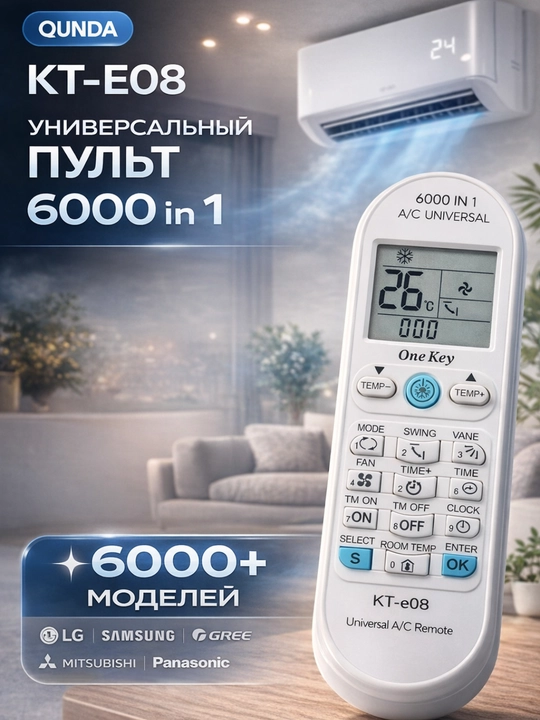 Пульт для всех кондиционеров QUNDA KT-E08 — быстрая настройка, 6000 кодов - 