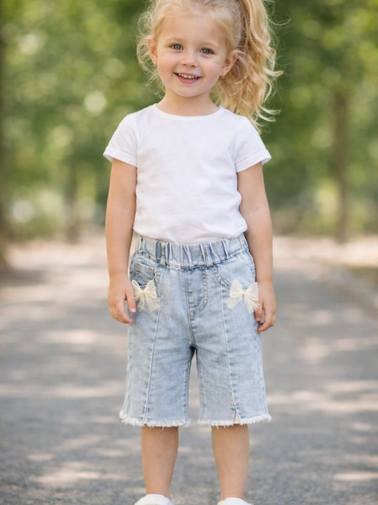 Qiz bola uchun jinsi shorti, bolalar kaprisi, x/b denim, 1-5 yosh, bo‘yi 80-110 sm - 