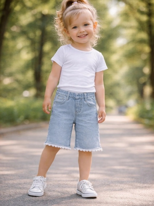 Qiz bola uchun jinsi shorti, bolalar kaprisi, x/b denim, 1-5 yosh, bo‘yi 80-110 sm - 