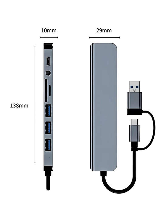 USB HUB 3.0 Type A+C 8 portli, USB hub adapteri