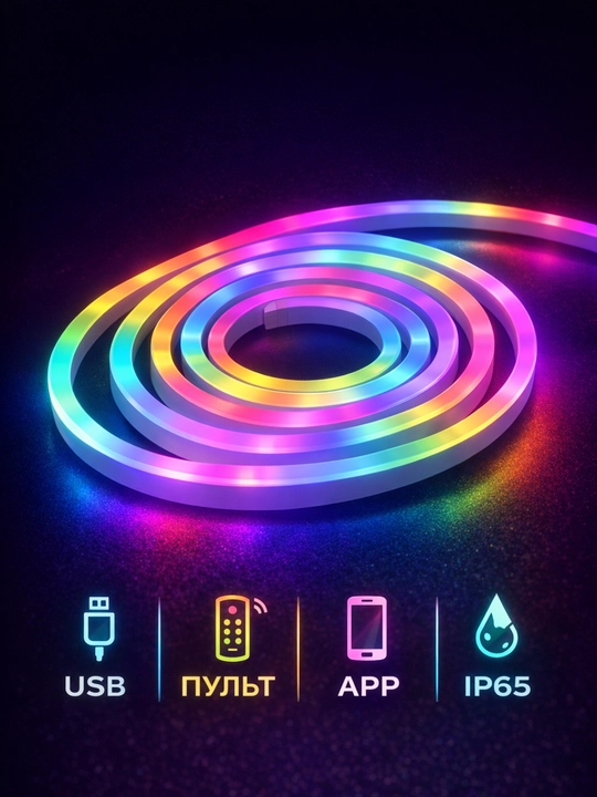 LED, lenta, Smart, RGB IC Neon 5m USB, TESS, pult va ilova bilan LED подсветка
