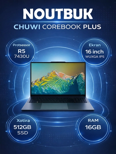 Noutbuk Chuwi CoreBook Plus 16 WUXGA IPS Ryzen 5 7430U 16GB RAM 512GB SSD 3