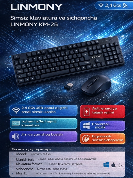 Linmony KM-25 simsiz klaviatura va sichqoncha – 2.4 GGs, 15 m masofa, 104 tugma