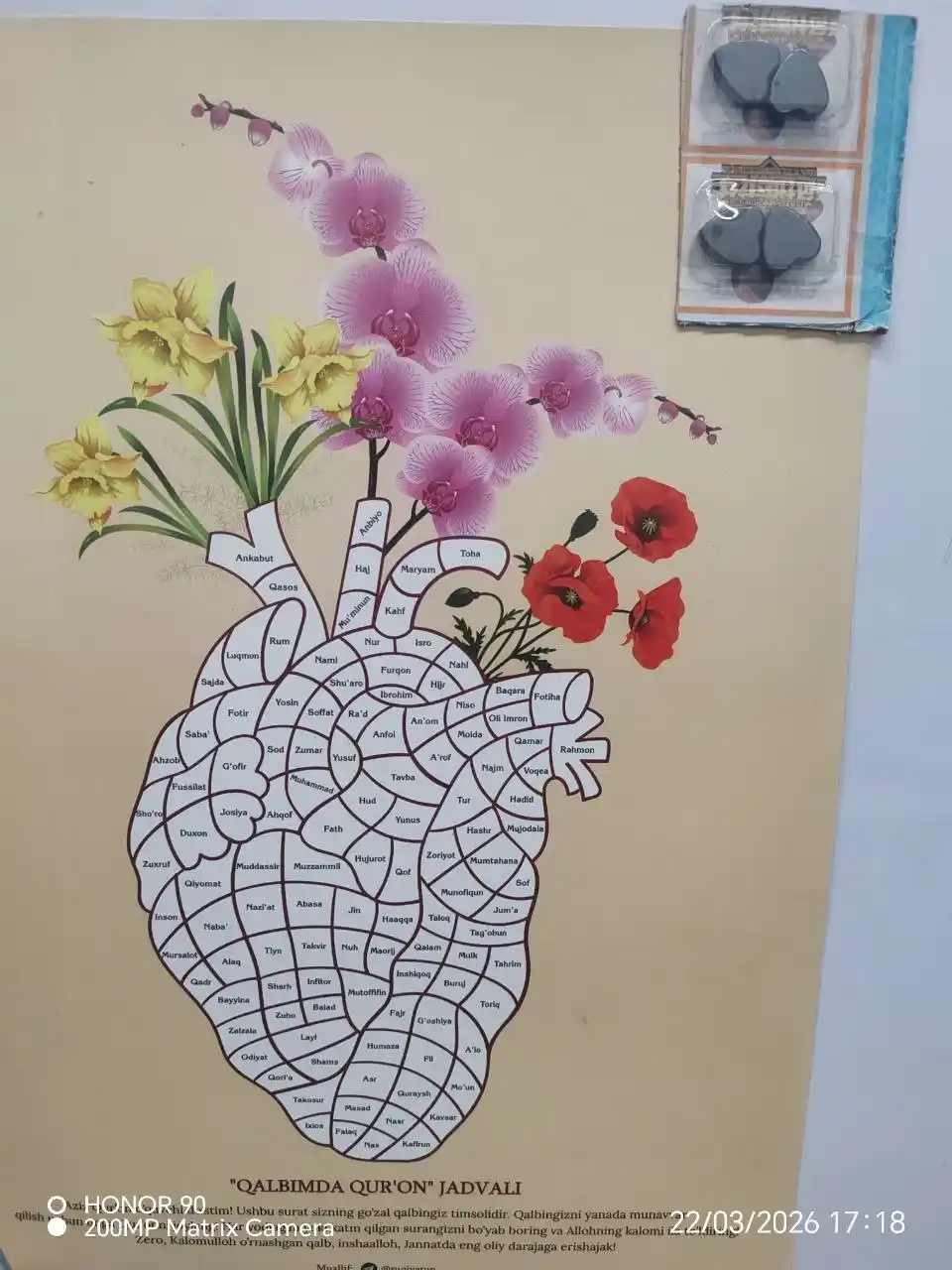Qalbimda Qur’on yodlash jadvali, A3 format, marker va magnitlar to'plami, motivatsiya