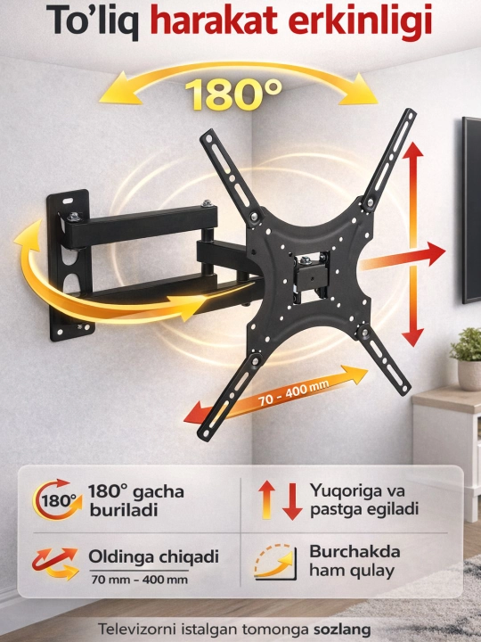 Televizor uchun qiya buriluvchi kronshteyn, 180 daraja 32-55 - 