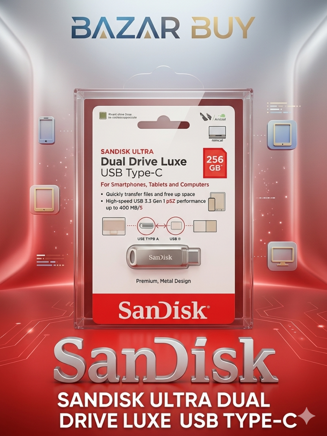 Usb flash hotira Sandisk Ultra 16/32/64/128GB Dual Drive Luxe, USB 3.2+Type C OTG