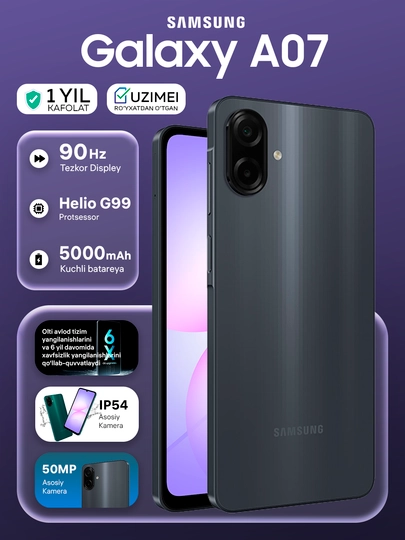 Смартфон Samsung Galaxy A07, 90Гц экран, камера 50Мп, 5000 мАч, быстрая зарядка 25 Вт — OPTMOB-A07-ЧЕРН-464