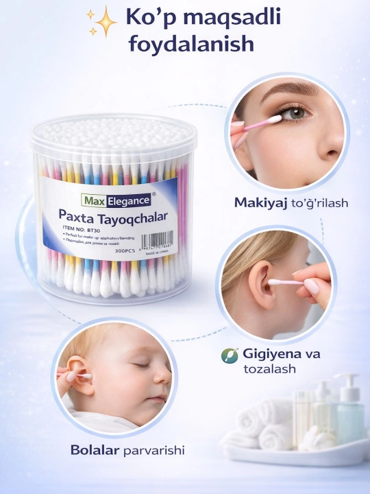 Paxta tayoqchalari rangli 300 dona kundalik gigiena va kosmetik parvarish uchun mos