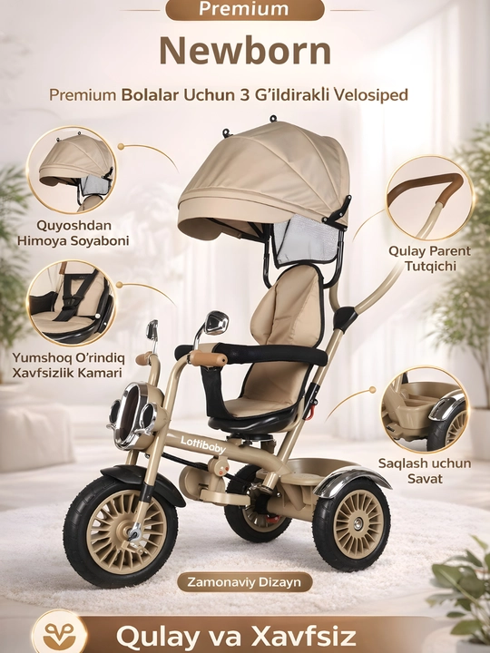 Bolalar velosiped aravachasi, chiroqlari yonib turuvchi uch g‘ildirakli velosiped, savat - 