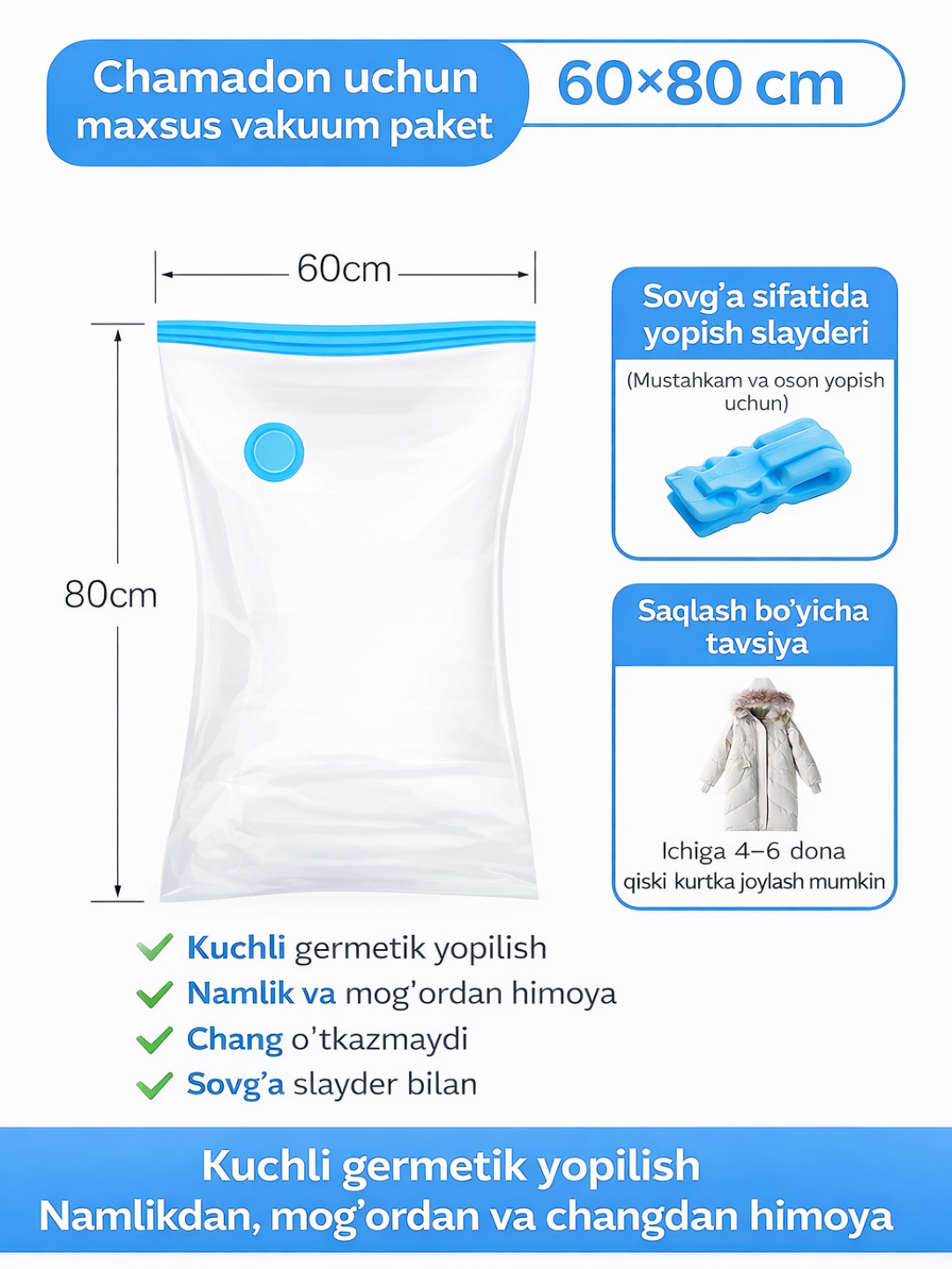 Kiyim va narsalarni saqlash uchun vakuumli paketlar