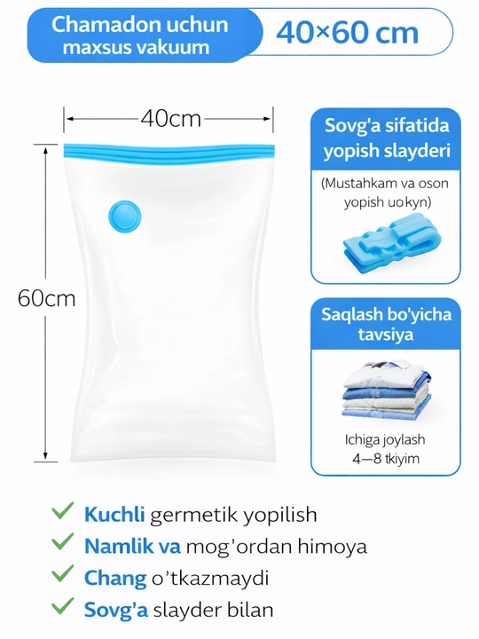 Kiyim va narsalarni saqlash uchun vakuumli paketlar