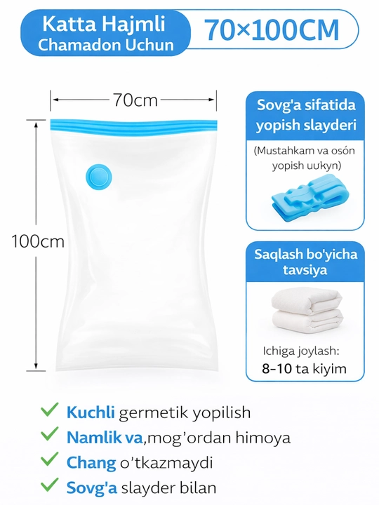 Kiyim va narsalarni saqlash uchun vakuumli paketlar