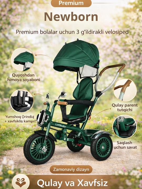 Bolalar velosiped aravachasi, chiroqlari yonib turuvchi uch g‘ildirakli velosiped, savat - 