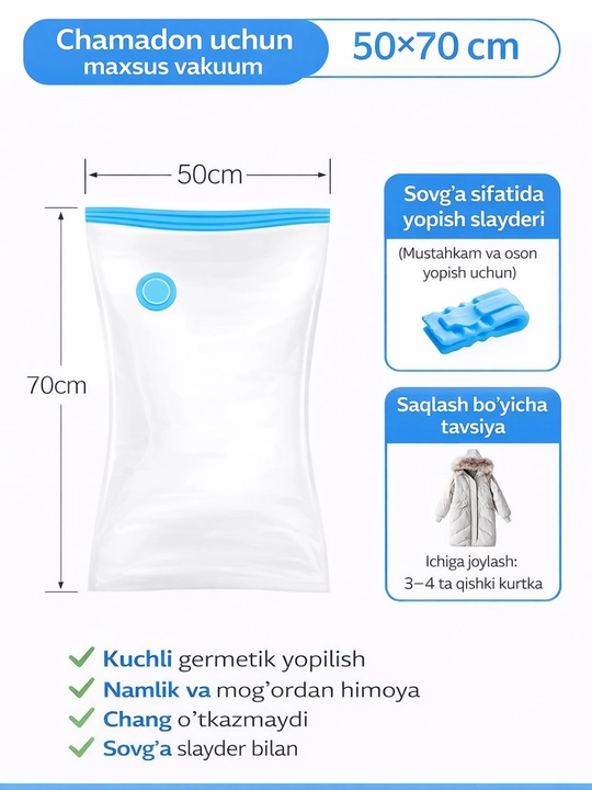 Kiyim va narsalarni saqlash uchun vakuumli paketlar