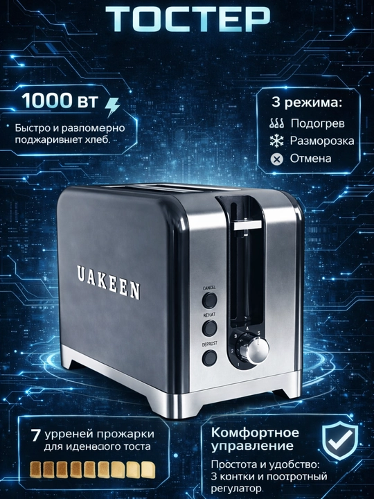 UAKEEN ZL-2104 toster — zamonaviy dizayn, 2 bo‘lak non, 1000W - 