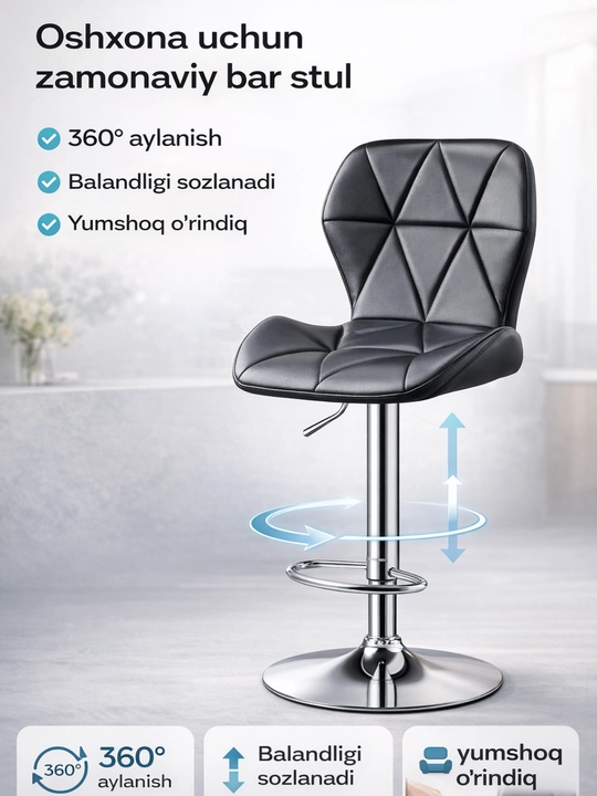 Oshxona stuli, bar stuli, suyanchiqli, 360° ga aylanadigan, balandligi bo‘yicha sozlanadigan 