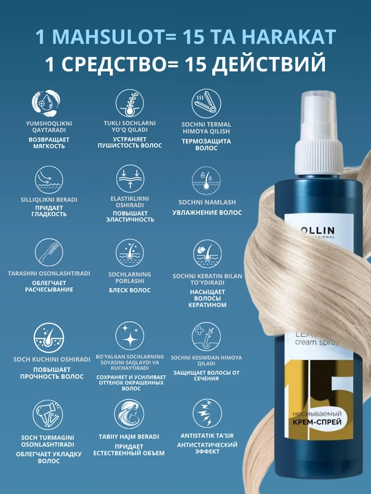 Несмываемый крем-спрей, 15 в 1, Perfect hair OLLIN PROFESSIONAL 250 мл