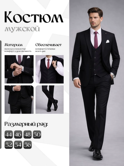 Костюм брюки классический для мужчин, тройка слим-фит