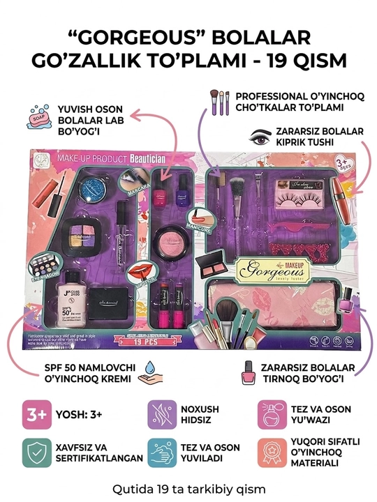 Qizlar uchun xavfsiz kosmetika to‘plami, bolalar kosmetikasi to‘plami - 