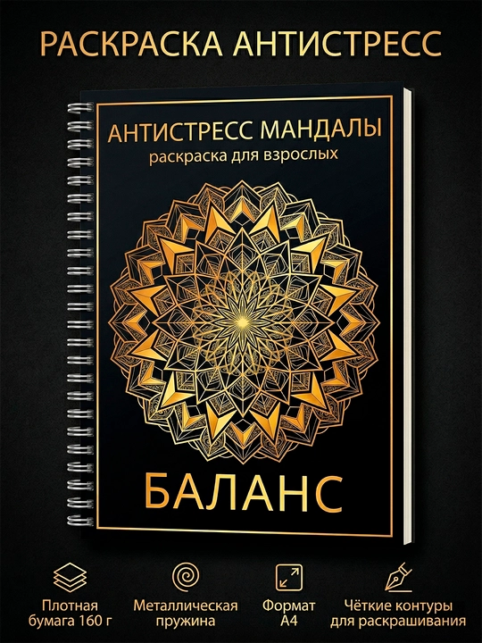 Antistress mandala bo‘yash kitobi A4, kattalar uchun, 20 sahifa, qalin qog‘oz