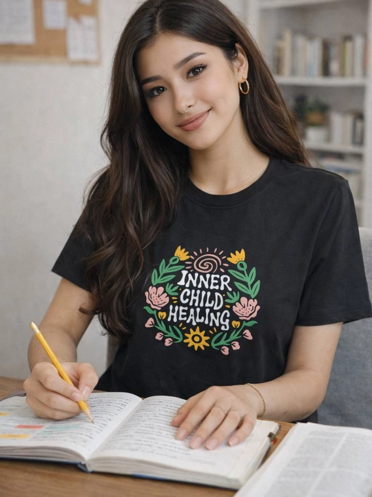 Motivatsion yozuv va gulli naqshlar bilan bezatilgan qora futbolka