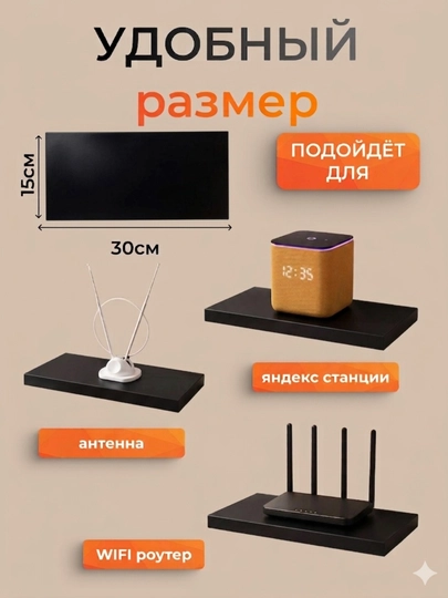 Полка настенная для умных колонок и роутера, модема-компактная полка для техники — IMF19-UMNIEPOLKI-ЧЕРН