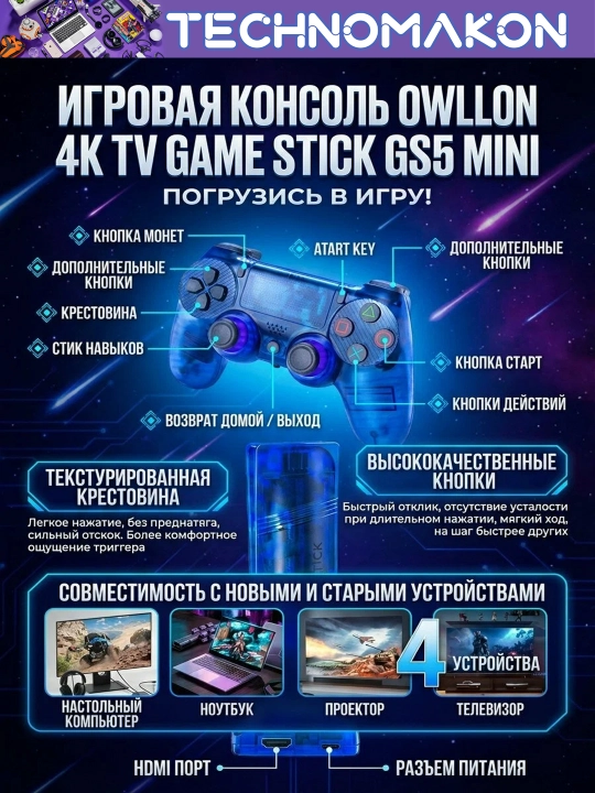 4K TV Game Stick GS5 MINI игровая ретро консоль 64GB, 20000 игр, беспроводной контроллер