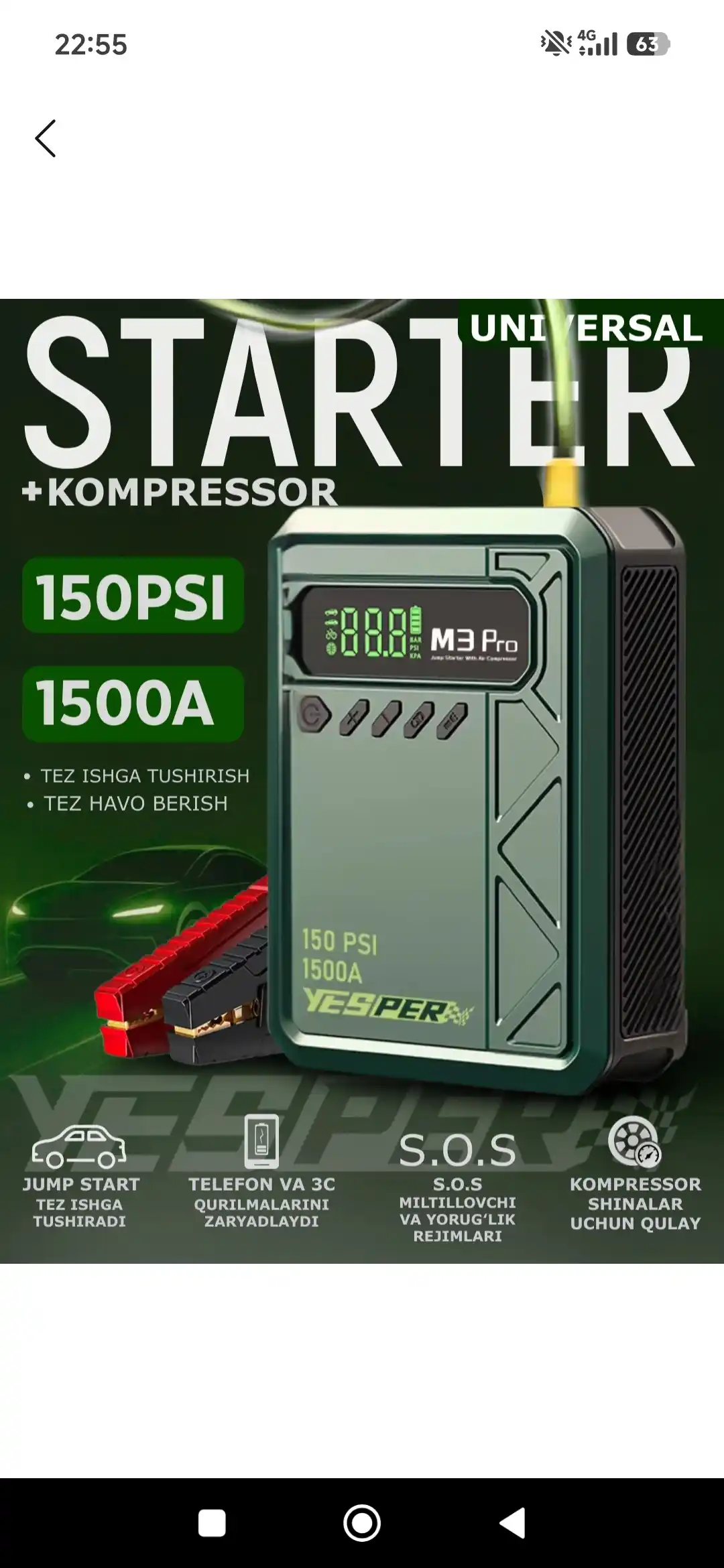 Jump Starter + Kompressor, 150 PSI, 1500A, 3 rejimli chiroq