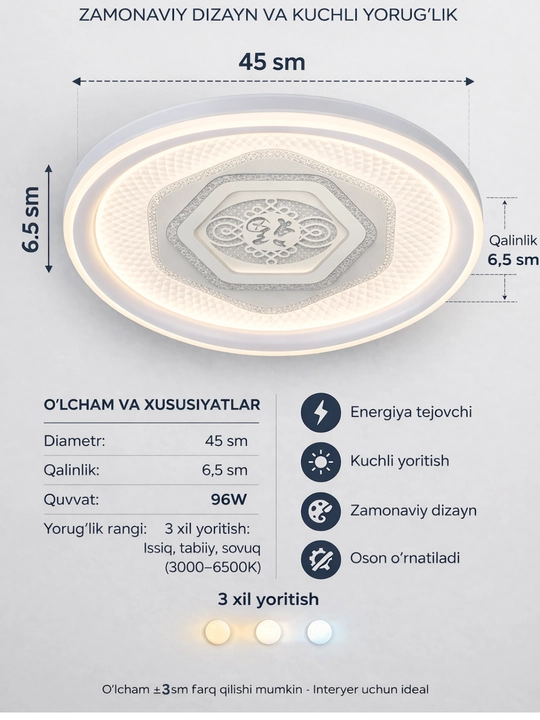 Plafon lyustra hitech yoritish chiroq led, 3 xil rejim yonish