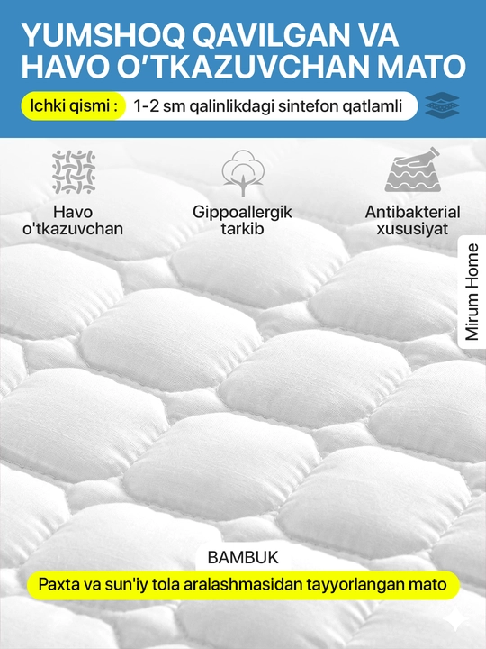 Bambuk matras uchun qoplama namatrasnik, matrasga chexol