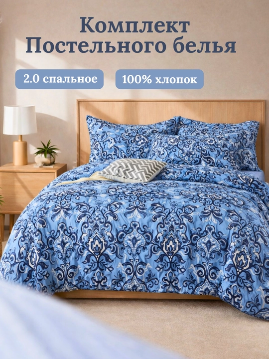 Комплект постельного белья для двуспальной кровати, однотонный и с принтом, 4 штуки - 