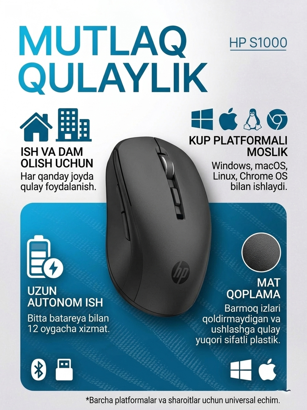 Simsiz shovqinsiz kompyuter sichqonchasi, RGB yoritgichli, Bluetooth
