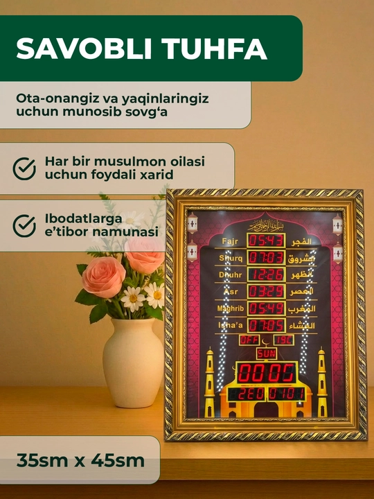 Namoz vaqti elektron soat LED, masjid uchun, devorga osiladigan, azonni ko‘rsatadi