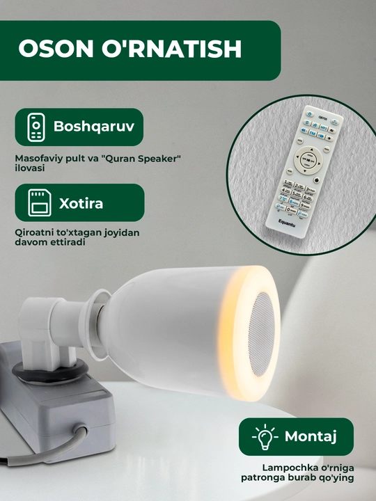 Qur’on speaker lampochka SQ-102 Plus, LED lampa + Bluetooth kolonka, 36W