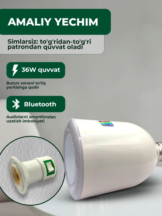 Qur’on speaker lampochka SQ-102 Plus, LED lampa + Bluetooth kolonka, 36W