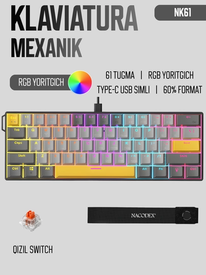 Игровая клавиатура AJAZZ с RGB подсветкой для геймеров ( механическая, мембранная) — NAZAR-NK68-ХРОМ