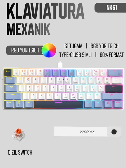 Игровая клавиатура AJAZZ с RGB подсветкой для геймеров ( механическая, мембранная) — NAZAR-NK68-ГОЛУБ