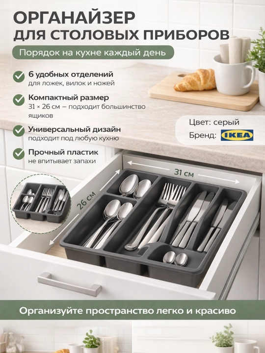 Лоток, органайзер для столовых приборов IKEA SMACKER, 31 * 26 см, 5 отсеков, серый - 