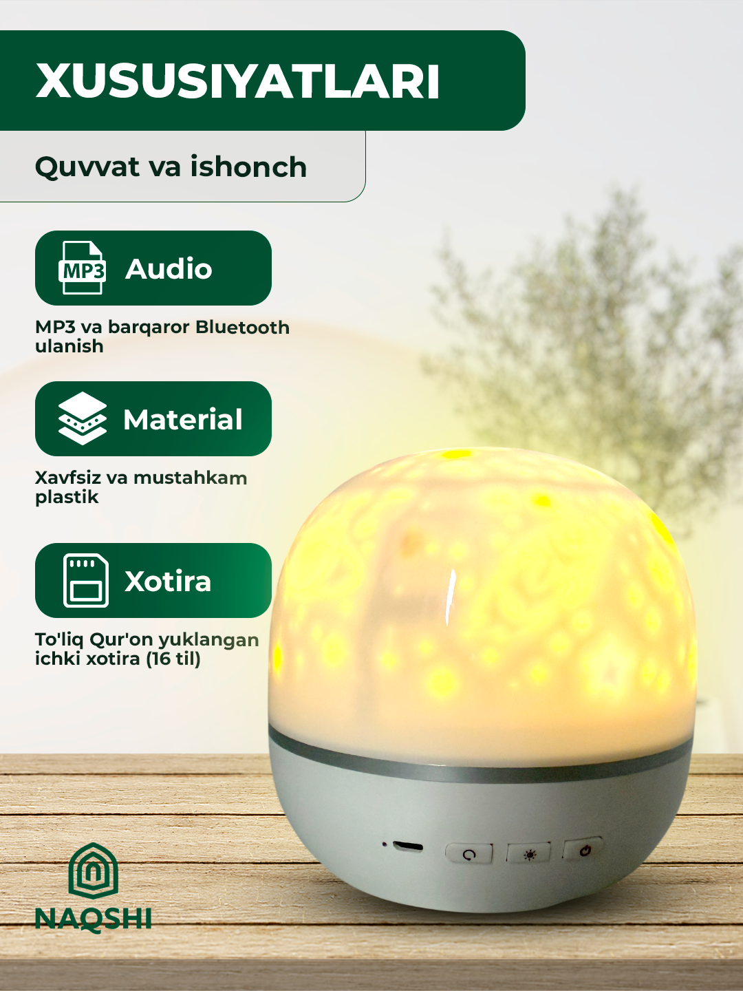 Qur’on speaker proyektor Equantu QB-526, LED tungi chiroq, Bluetooth, pult bilan