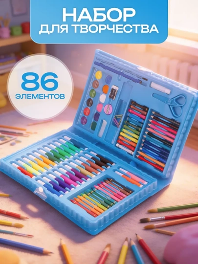 Набор для рисования в чемодане, фломастеры, карандаши, подарок детям, развивающий, маркеры — BIMBIM-NABOR-СИНМЕЛ
