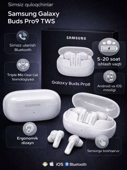 Samsung Galaxy Buds Pro9 simsiz quloqchinlari TWS, Bluetooth, ANC shovqinsizlantirish - 